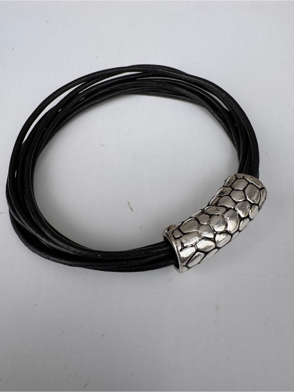 Black Multi-Strand Leather Men Bracelet with Silver Textured Slide